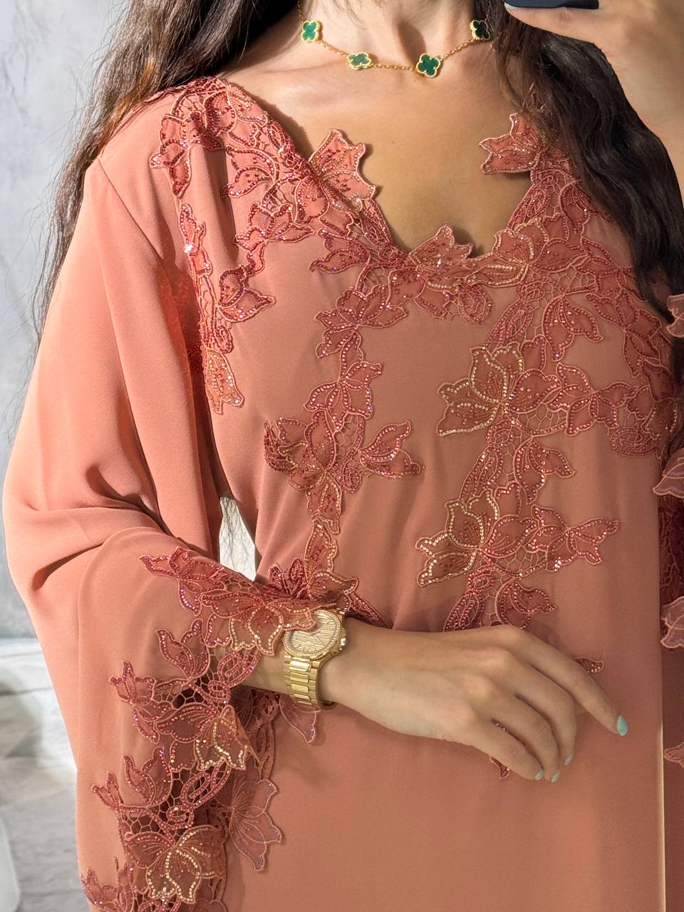 Peach Coral Embroidered Dress with Beaded Floral Appliqué