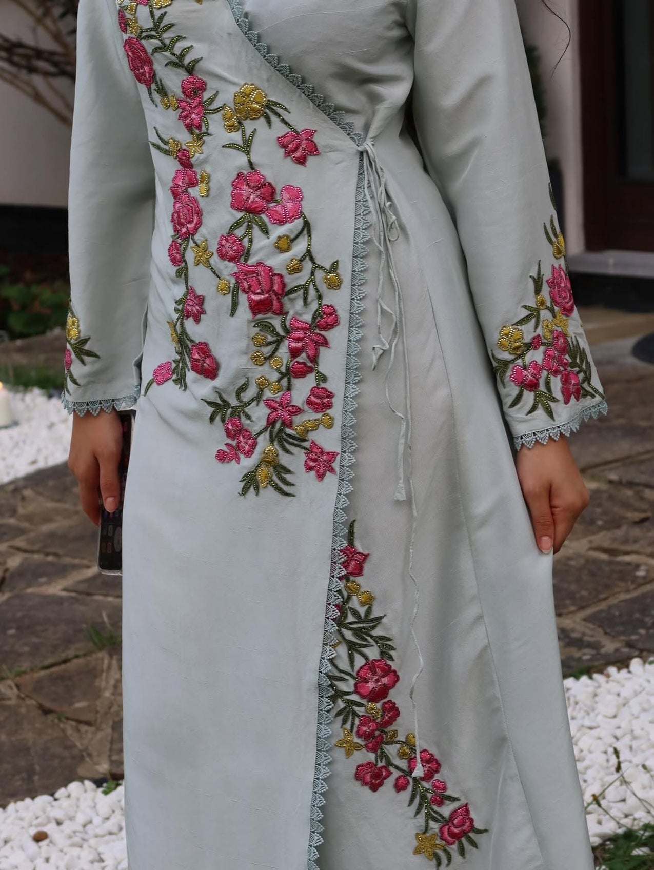 Sky Blue Floral Satin Jalabiya Timeless Elegance