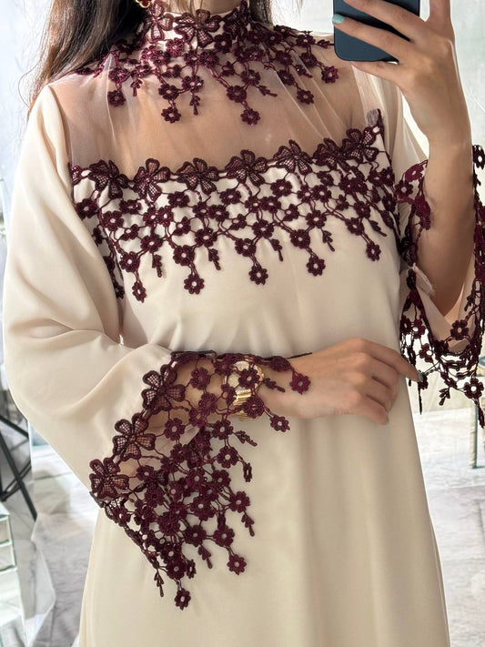 Elegant Off-White Crepe Kaftan with Burgundy Floral Lace