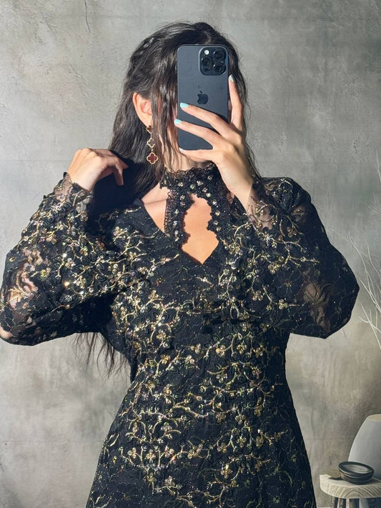 Black Full-Length Lace Dress with Multicolor Embroidery