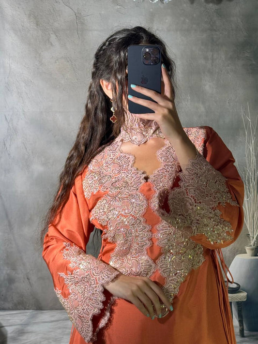 Natural Indian Silk Kaftan with Handcrafted Lace Embroidery