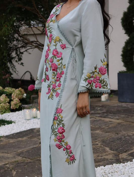 Sky Blue Floral Satin Jalabiya Timeless Elegance