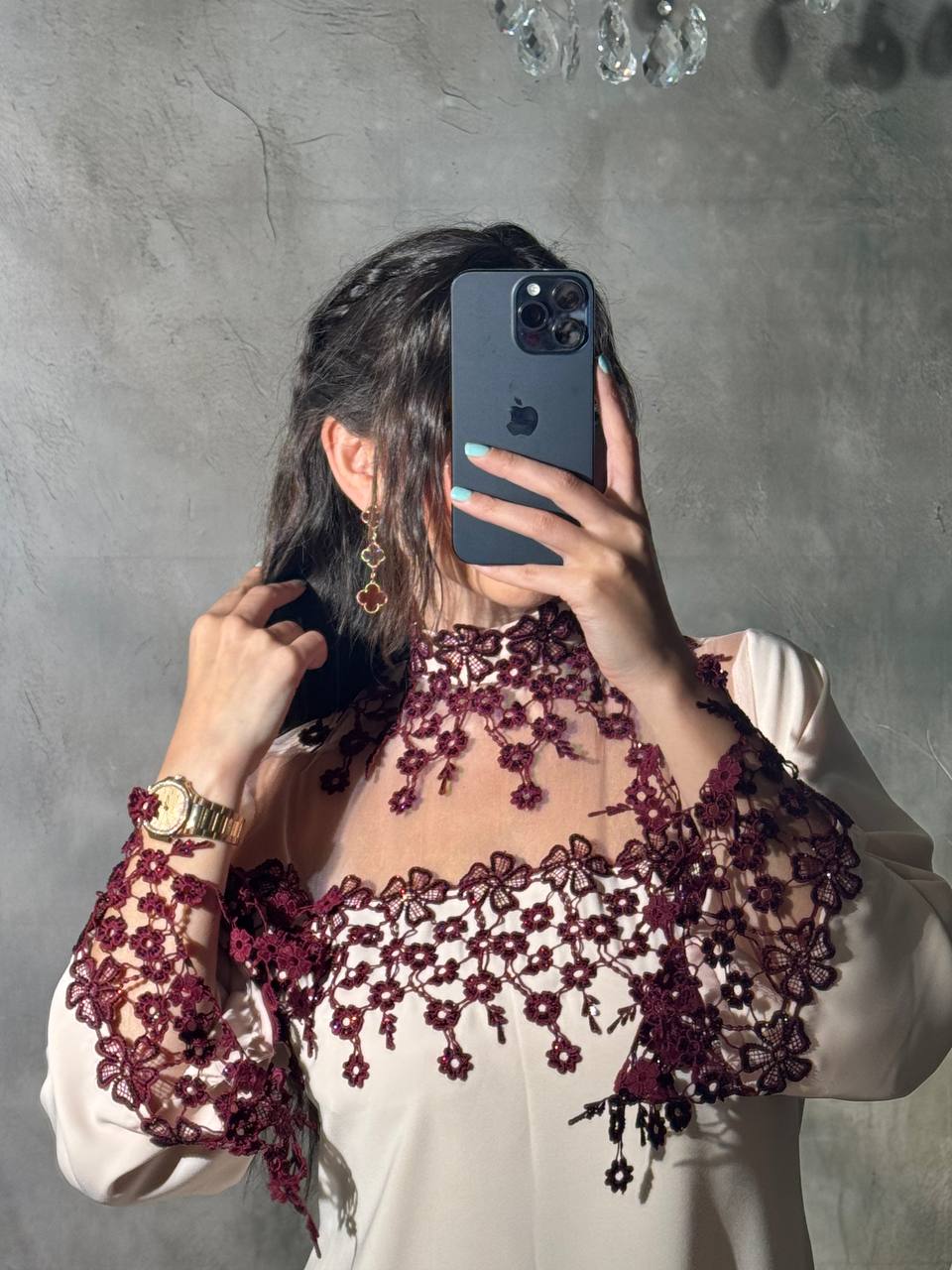 Elegant Off-White Crepe Kaftan with Burgundy Floral Lace