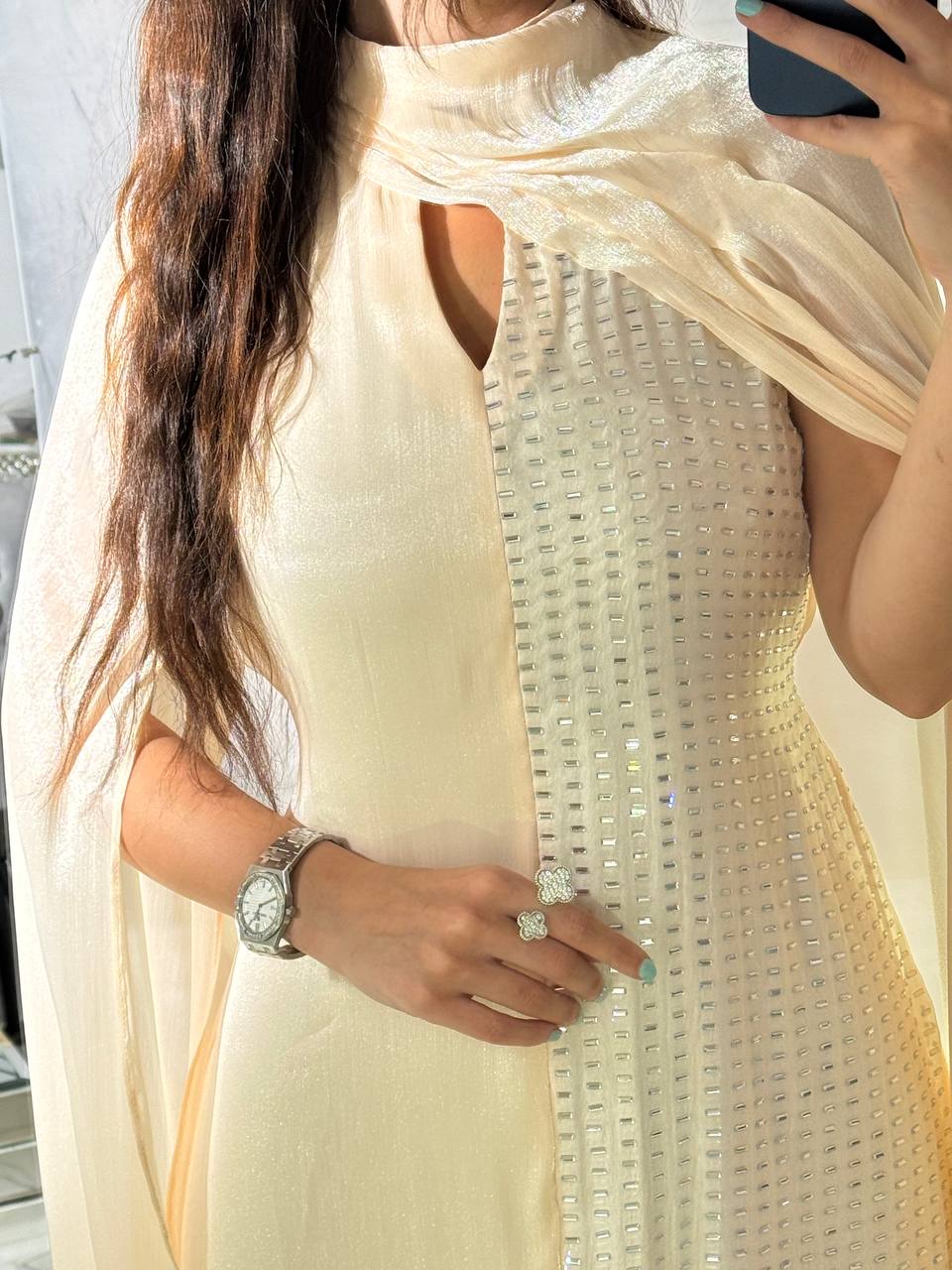 Elegant White Silk Dress with Left-Side Slit and Long One-Shoulder Sleeve