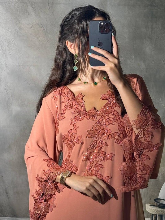 Peach Coral Embroidered Dress with Beaded Floral Appliqué