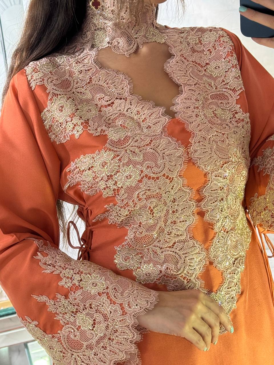 Natural Indian Silk Kaftan with Handcrafted Lace Embroidery