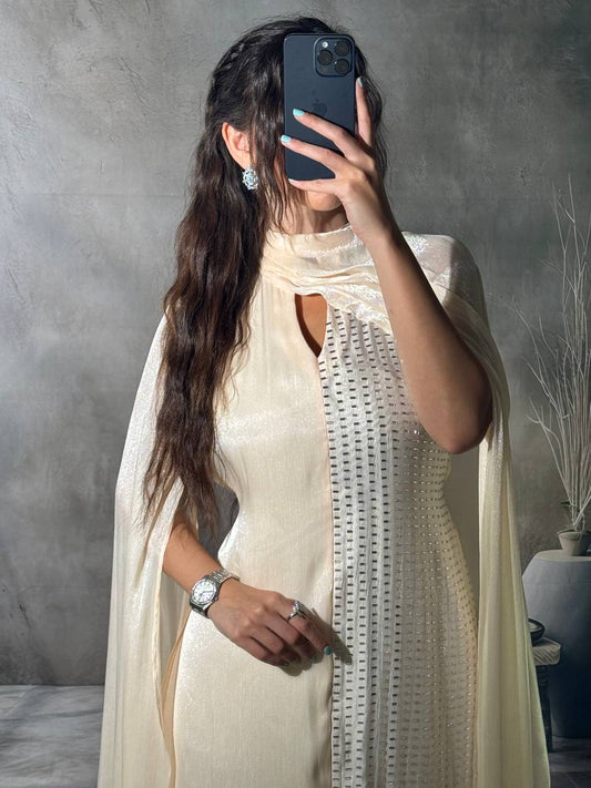 Elegant White Silk Dress with Left-Side Slit and Long One-Shoulder Sleeve