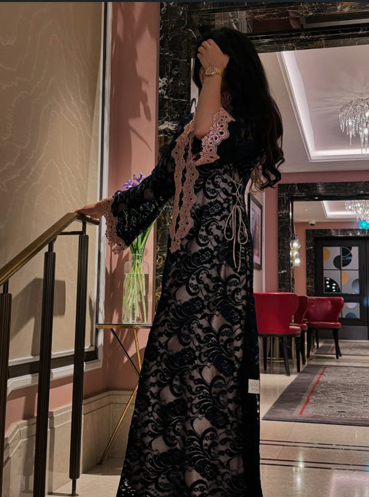 Black Lace Jalabiya with Pink Embroidery Exclusive Edition