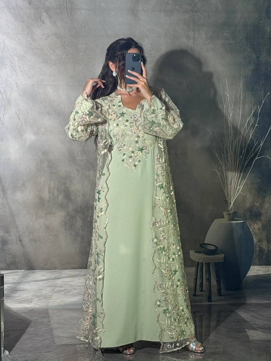 Elegant Two-Piece Mesh Dress with Sequins & Embroidery