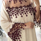Elegant Off-White Crepe Kaftan with Burgundy Floral Lace