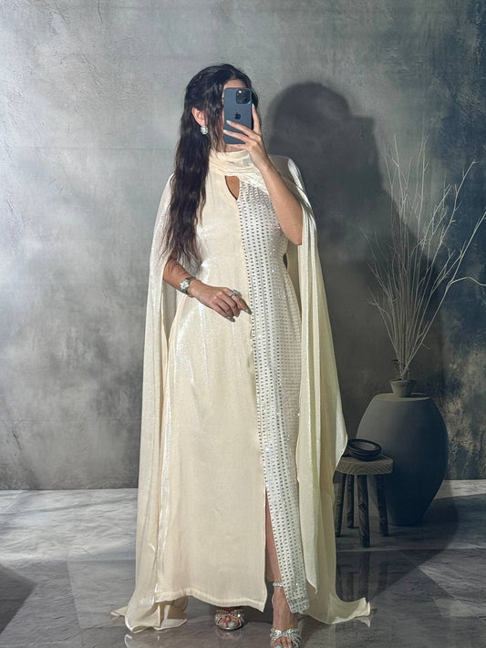 Elegant White Silk Dress with Left-Side Slit and Long One-Shoulder Sleeve