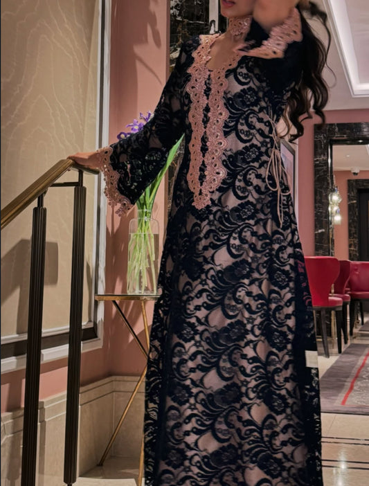 Black Lace Jalabiya with Pink Embroidery Exclusive Edition