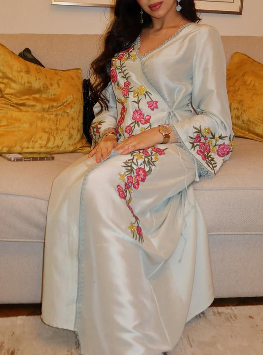 Sky Blue Floral Satin Jalabiya Timeless Elegance