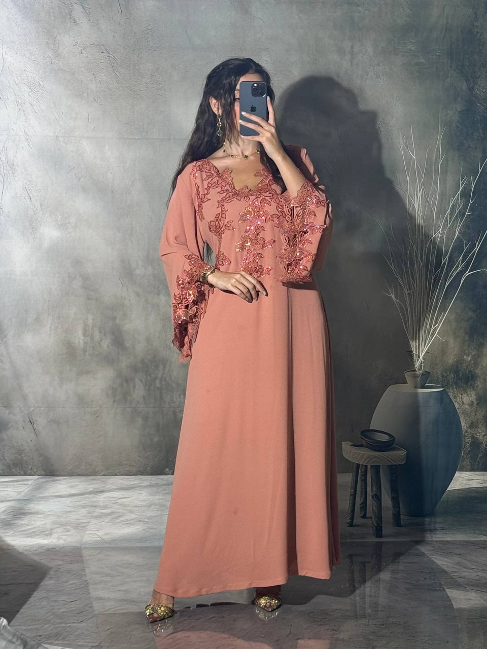 Peach Coral Embroidered Dress with Beaded Floral Appliqué