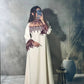 Elegant Off-White Crepe Kaftan with Burgundy Floral Lace
