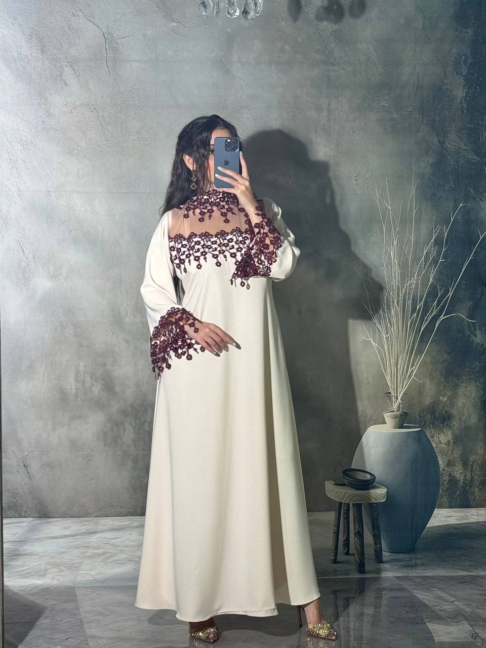 Elegant Off-White Crepe Kaftan with Burgundy Floral Lace