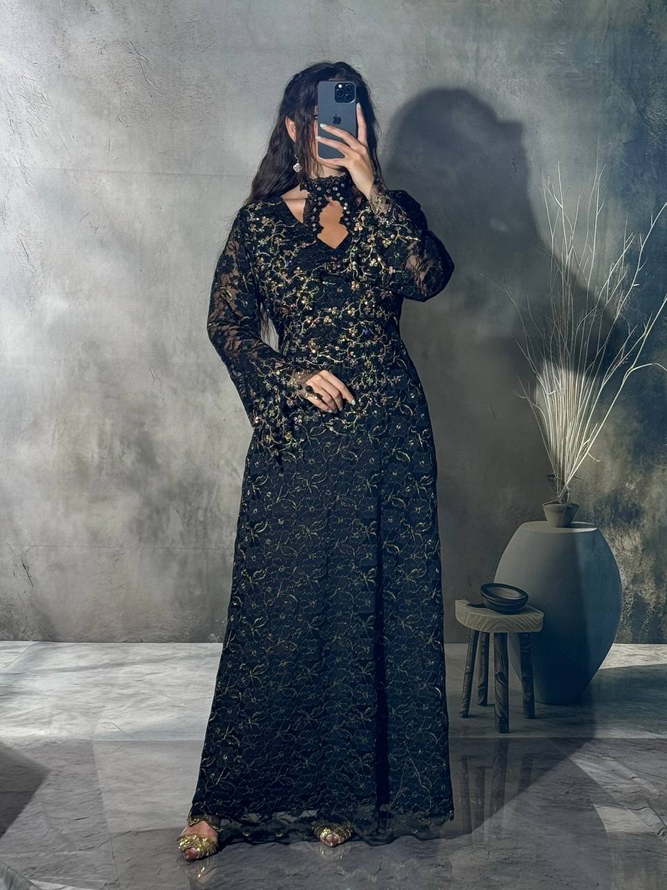 Black Full-Length Lace Dress with Multicolor Embroidery