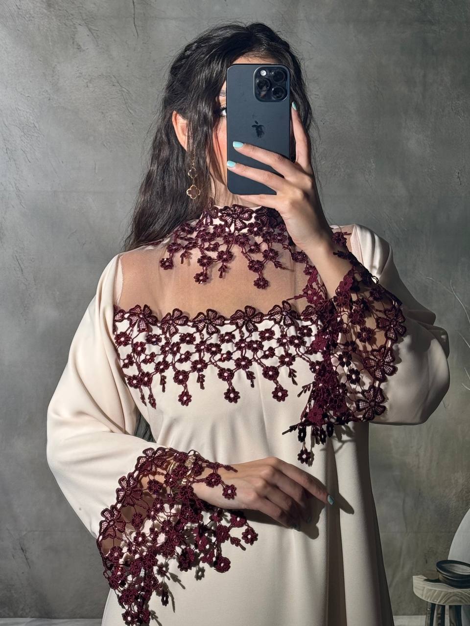 Elegant Off-White Crepe Kaftan with Burgundy Floral Lace