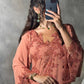 Peach Coral Embroidered Dress with Beaded Floral Appliqué